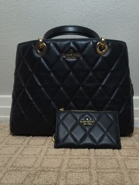 kate spade Black Quilted Carey Leather Satchel with Matching Card Case